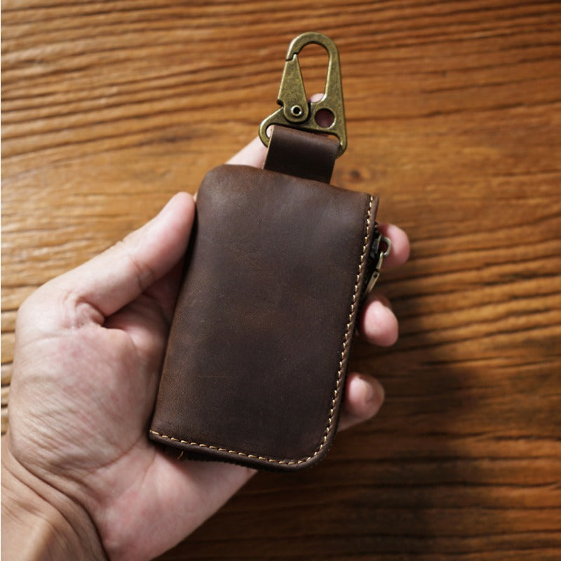 Wholesale Cowhide Waist Hanging Portable Zipper Storage Bag Leather Keychain